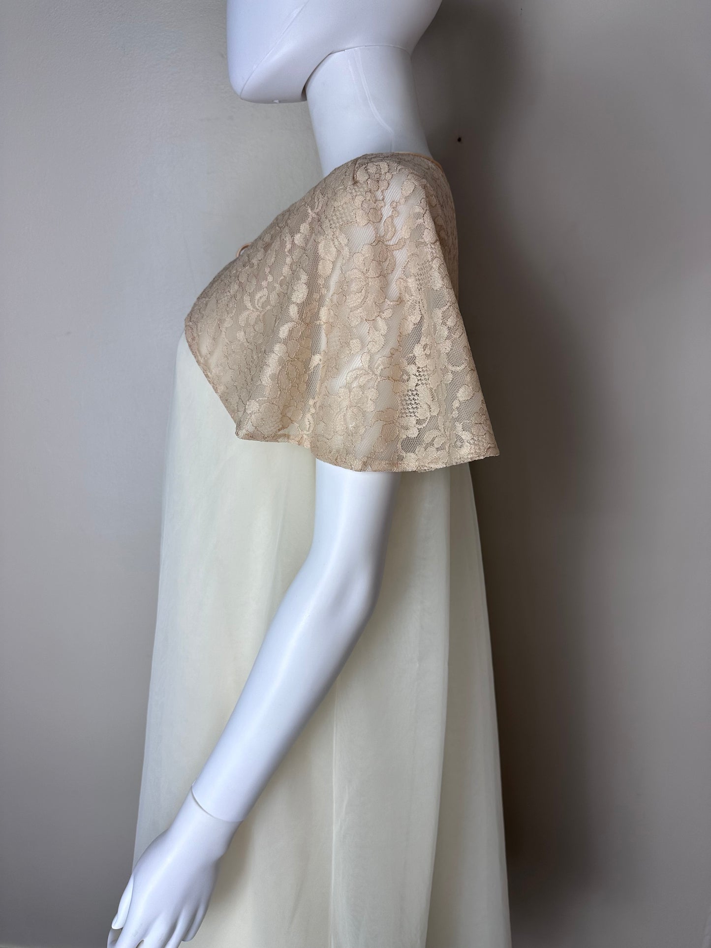 1950s Vanity Fair Peignoir Set, Size Small, Cream Sheer Nylon and Tan Lace Lingerie, Nightgown and Robe