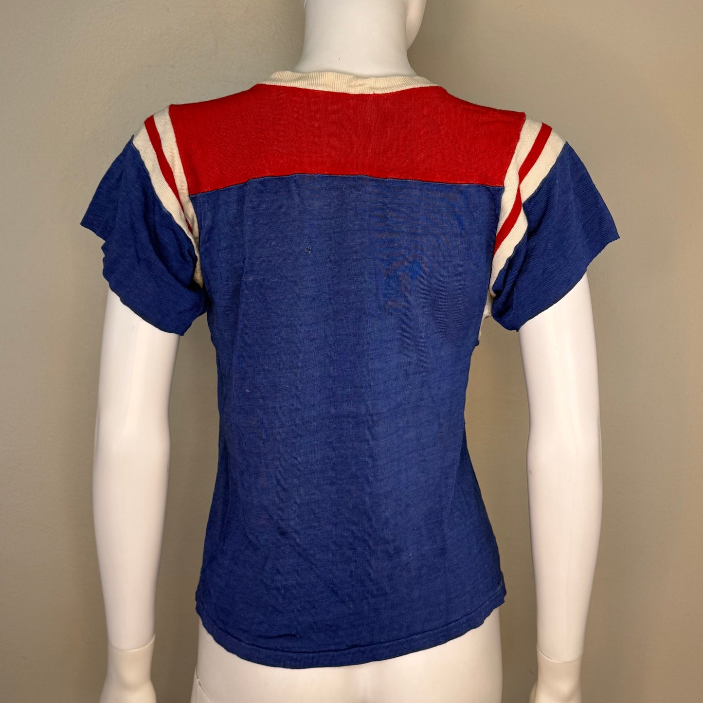 1960s Blue and Red Jersey Durene T-Shirt, Size Small, Distressed