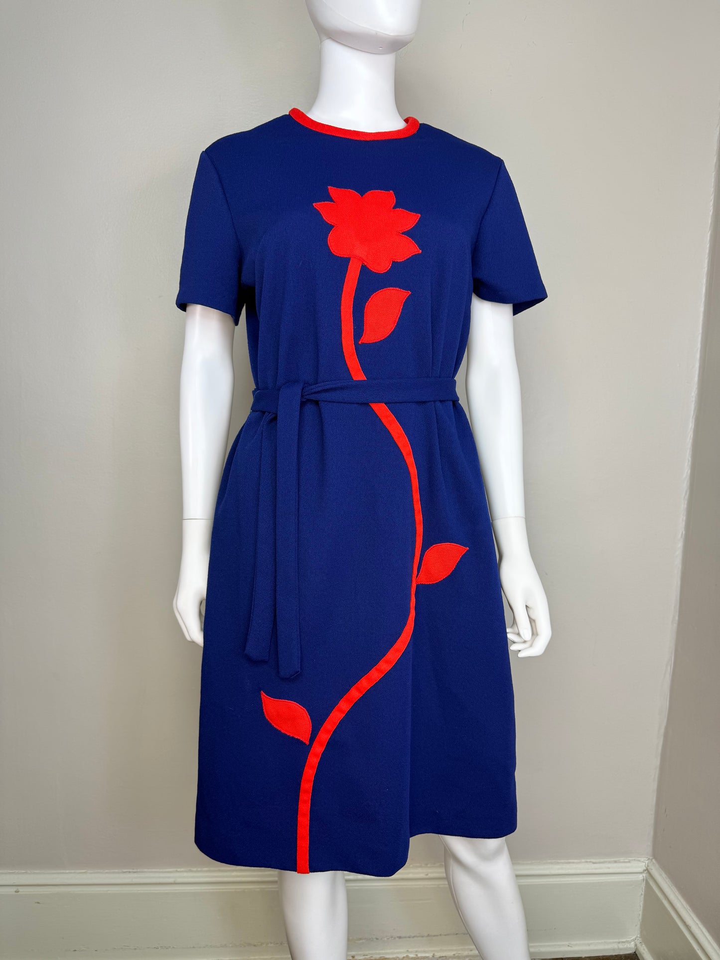 1970s Blue Dress with Red Flower Appliqué, Size Large, Polyester Double Knit
