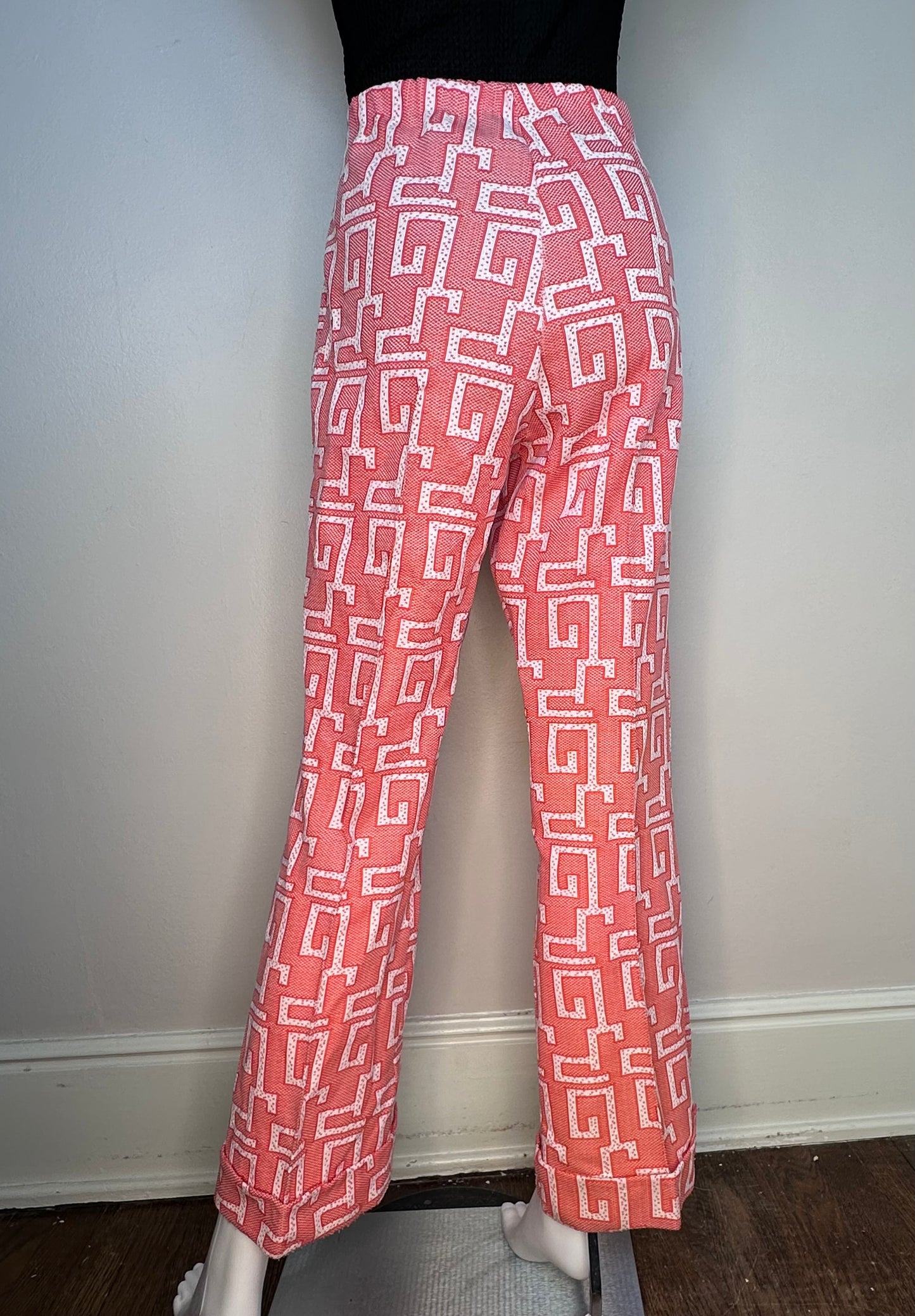 1970s Funky Orange Geometric Design Bellbottom Polyester Pants, Size Small-Medium, Elastic Waist