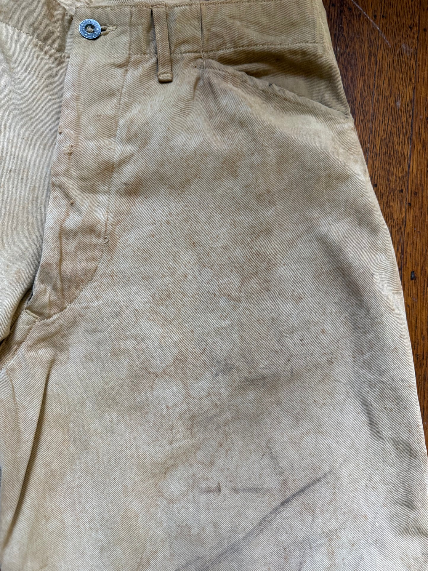 1910s WW1 Khaki Canvas Jodhpurs Pants, Summer Riding Breeches, Distressed Patina, 33"x26.25"
