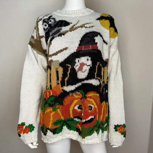 1990s Halloween Sweater, Crystal Kobe Ltd Size X-Large/XXL, Kobe Larger Sizes, Witch, Jack-O-Lantern