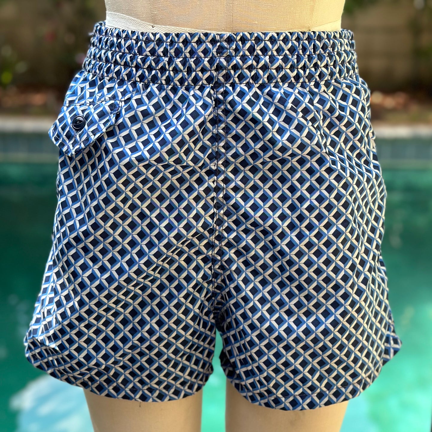 1950s Geometric Print Nylon Men’s Swimsuit, Size XS-Small, Swim Trunks Shorts