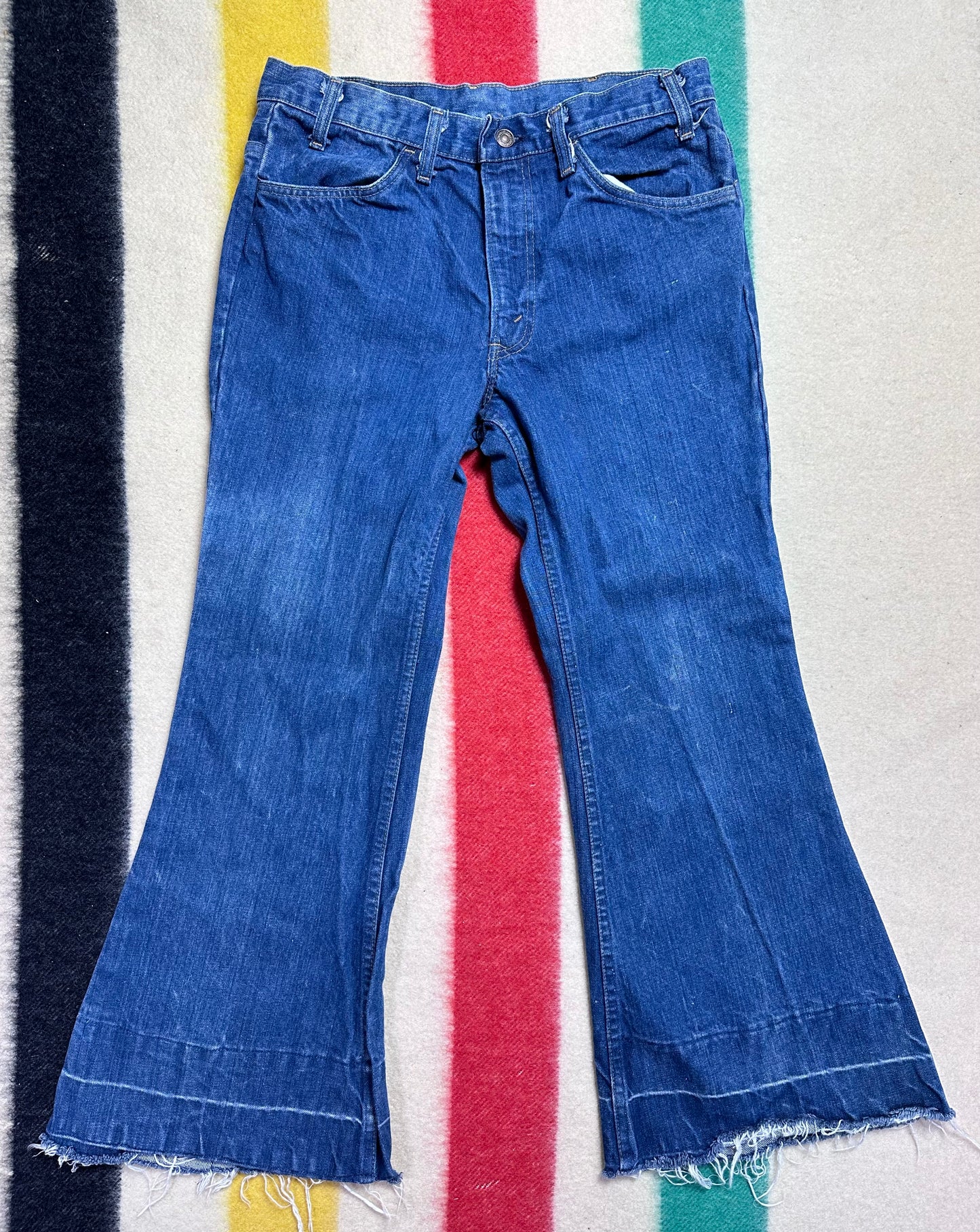 1970s Levi’s 684 Blue Jeans Bell Bottoms, 32"x28.5", Sun Faded, Orange Tab