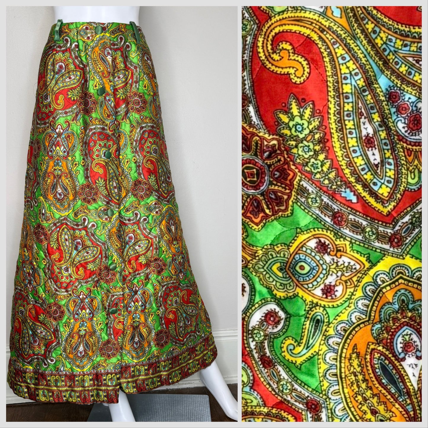 1970s Quilted Green Paisley Maxi Skirt, Uwana Size Medium, Loungewear, Border Print