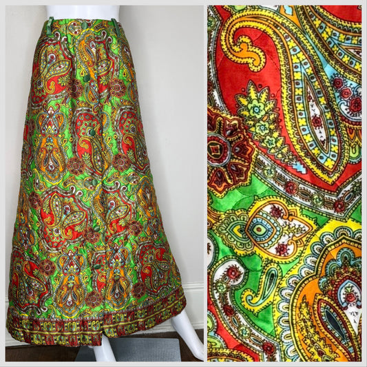 1970s Quilted Green Paisley Maxi Skirt, Uwana Size Medium, Loungewear, Border Print