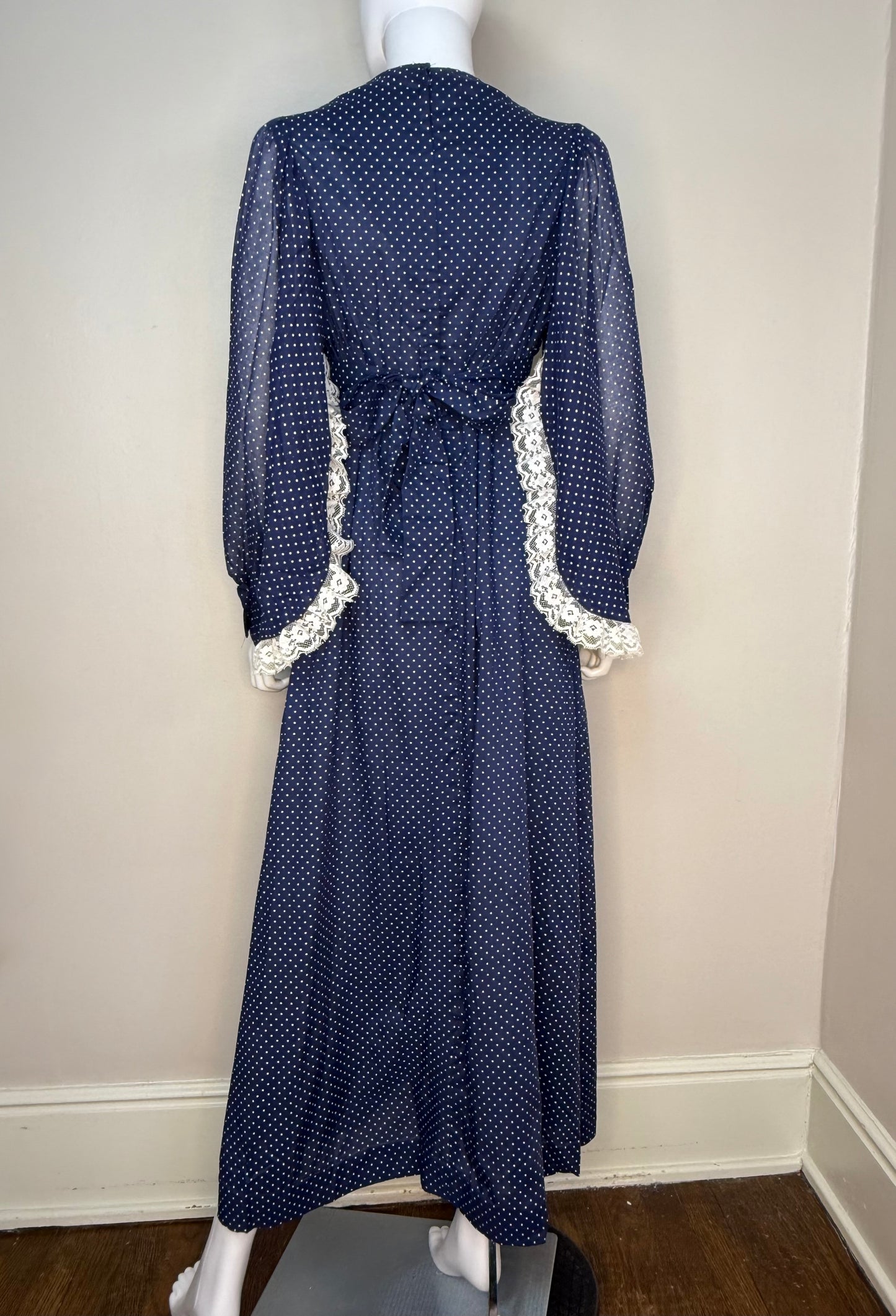 1970s Navy Blue Polka Dot Maxi Dress, Size Small-Medium, Huge Bishop Sleeves with Lace Trim