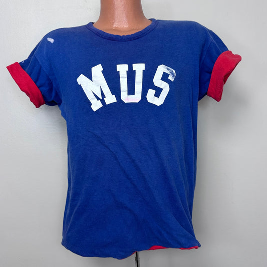 1980s MUS Blue and Red Reversible T-Shirt, Champion Size Medium, Memphis University School, Distressed