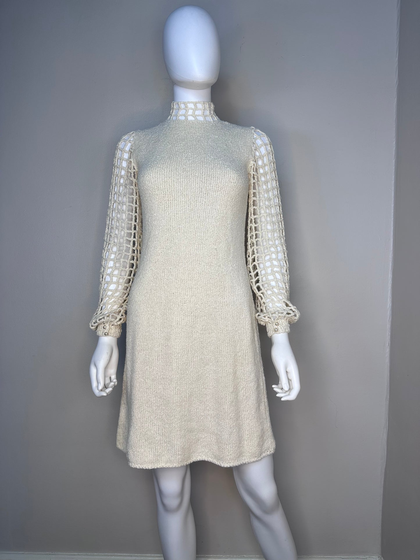 1960s St John Knits Cream Mini Dress, Size Small, High Neck, Open Net Long Sleeves