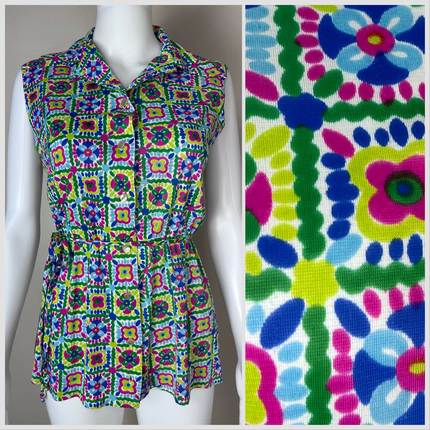 1960s/70s Bright Geometric Print Blouse, Size Medium