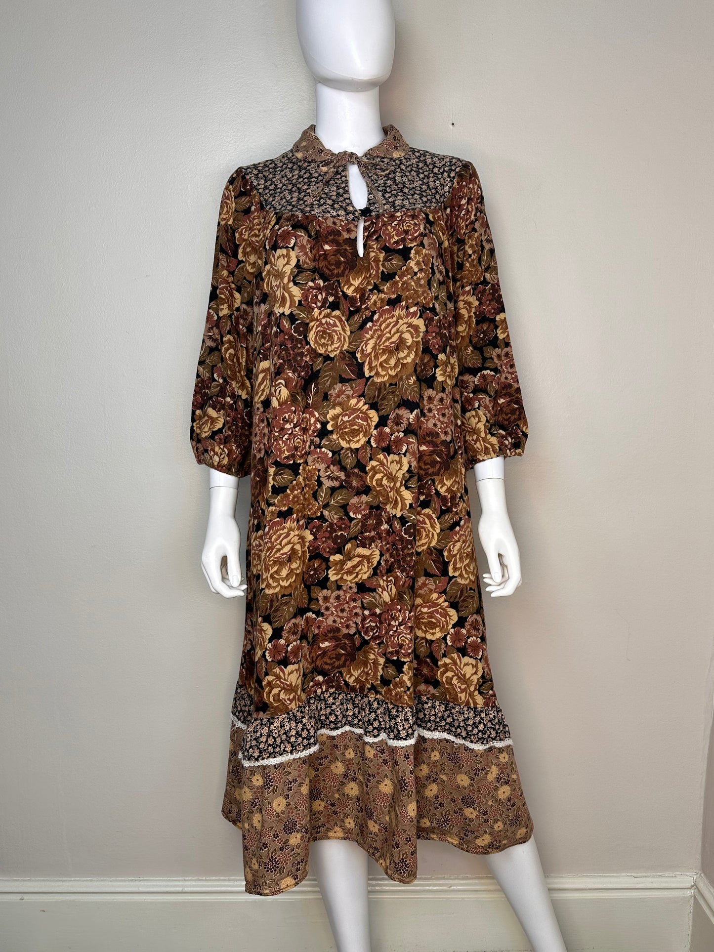 1970s/80s Mixed Brown Florals Boho Midi Dress, Size Large