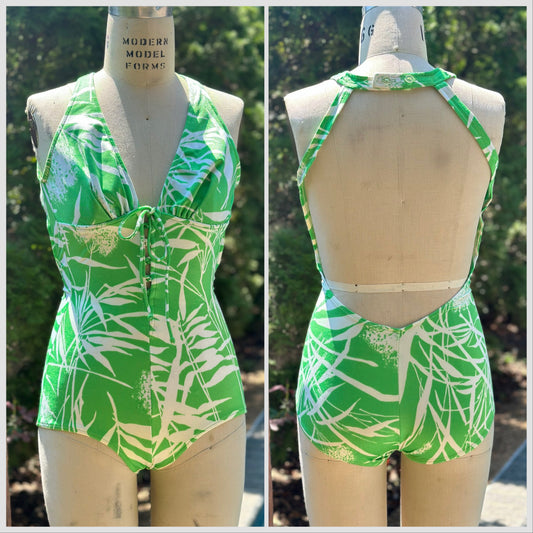 1970s/80s Green and White Tropical Swimsuit, Size XS, One Piece with Plunging Neckline and Open Back