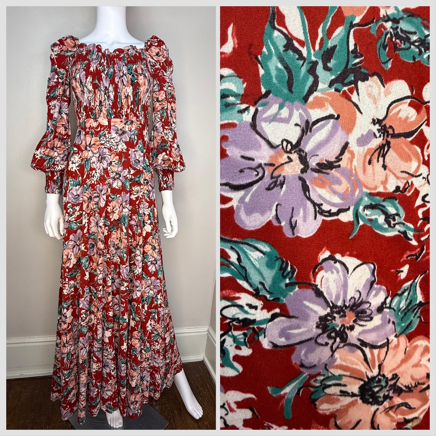 1970s Red Floral Maxi Dress, Jody T Size XS, Long Sleeve, Smocked Bodice, Full Skirt