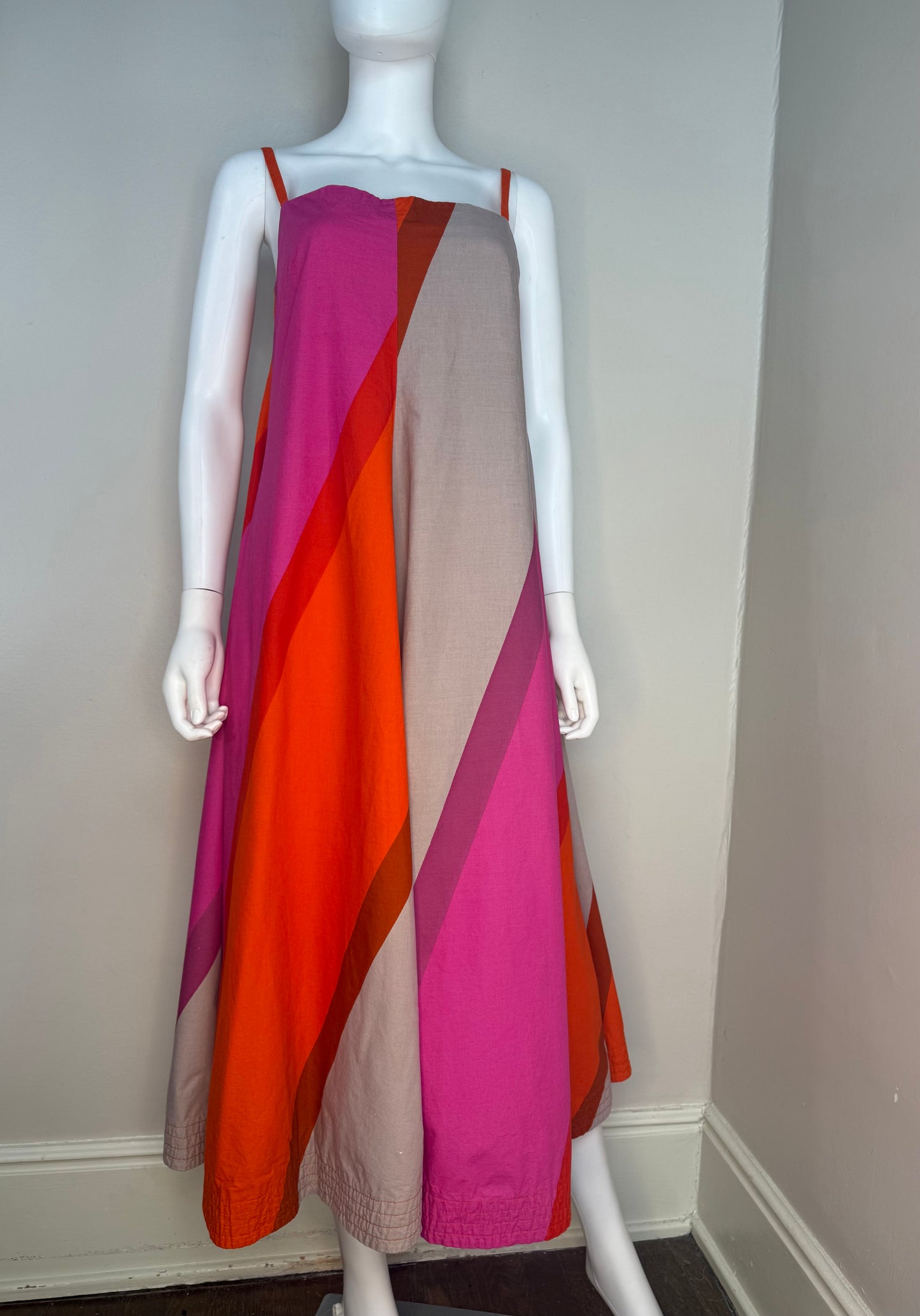 1960s Marimekko Midi Dress, Size Small, Sleeveless Sundress, Pink Orange and Grey Bold Wide Stripes, Suomi Finland, Design Research, Dated 1967