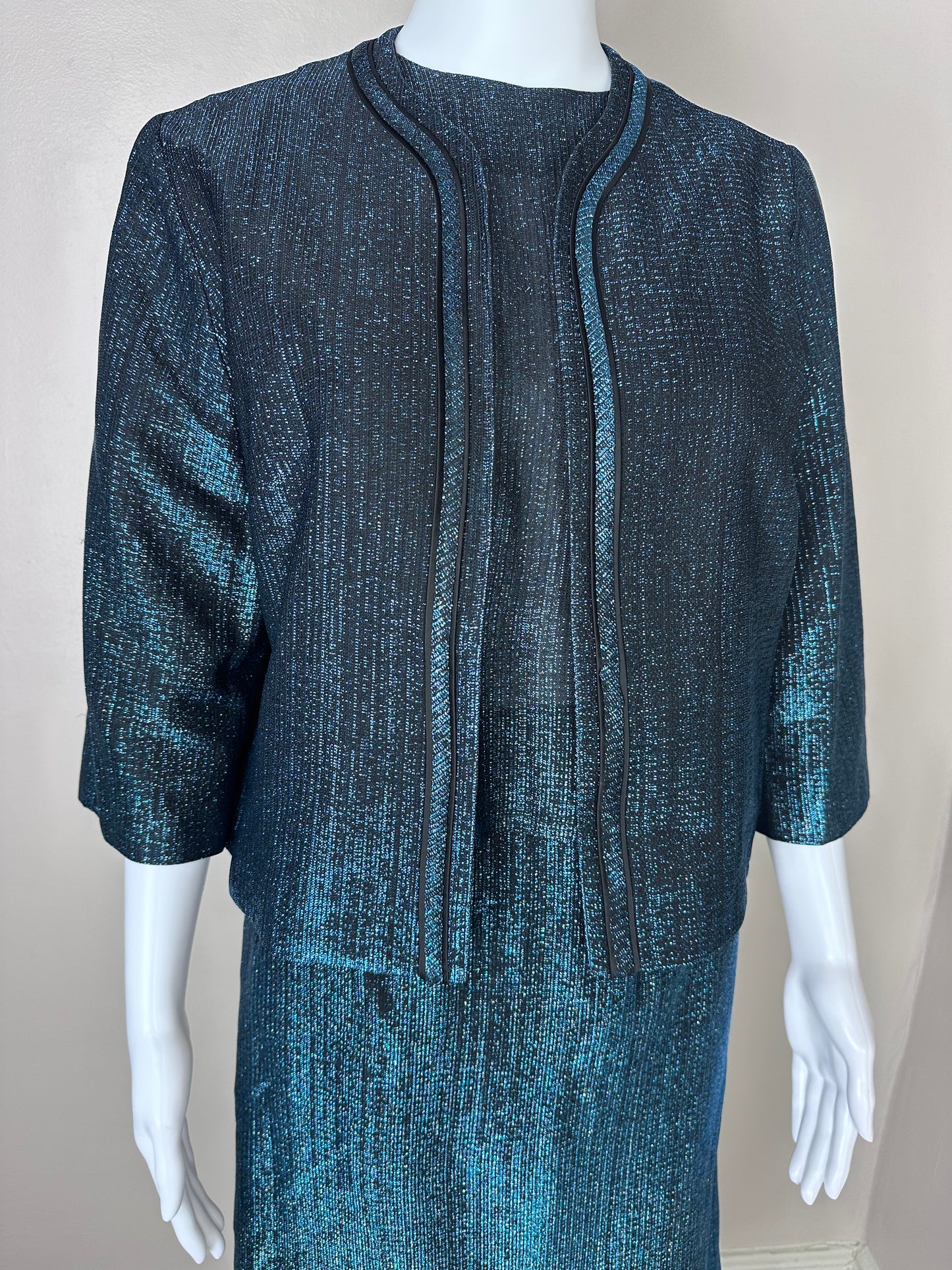 1960s Blue Lurex Suit, Size Medium-Large, 3 Piece Set, Top, Skirt, Jacket