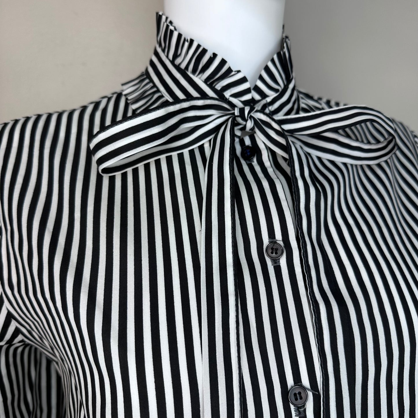 1980s Black and White Stripe Bow Neck Blouse, Isaac Hazan Size Medium