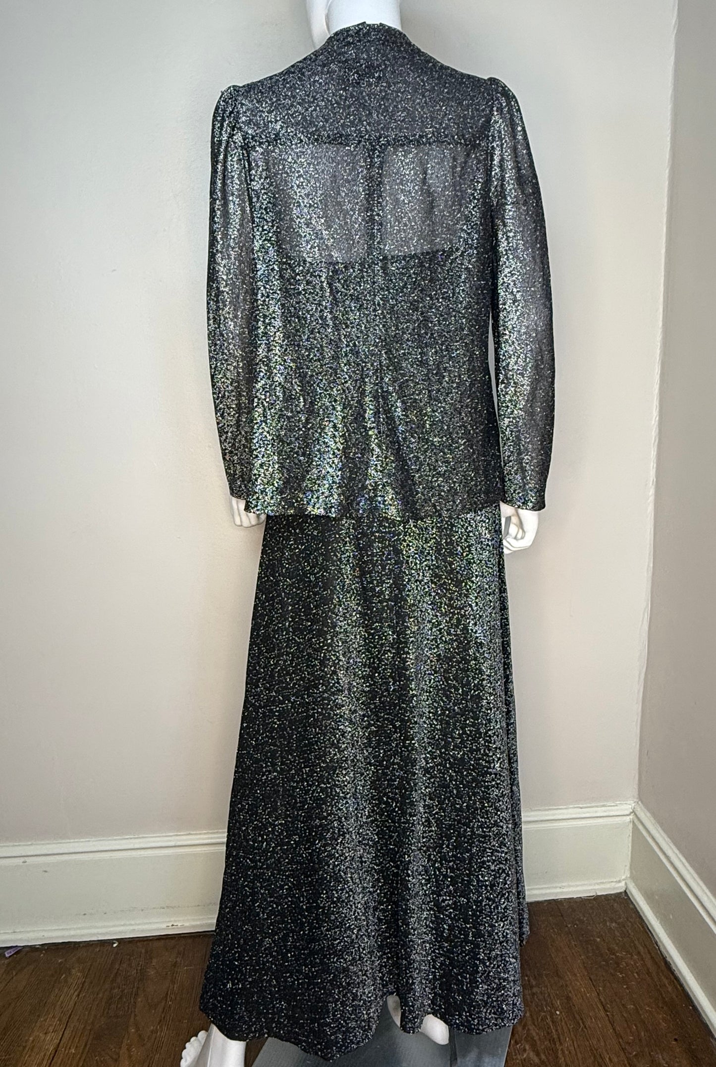 1970s Black and Silver Lurex Halter Maxi Dress with Coverlet, Tie Front Blouse, Corky Craig Size XS
