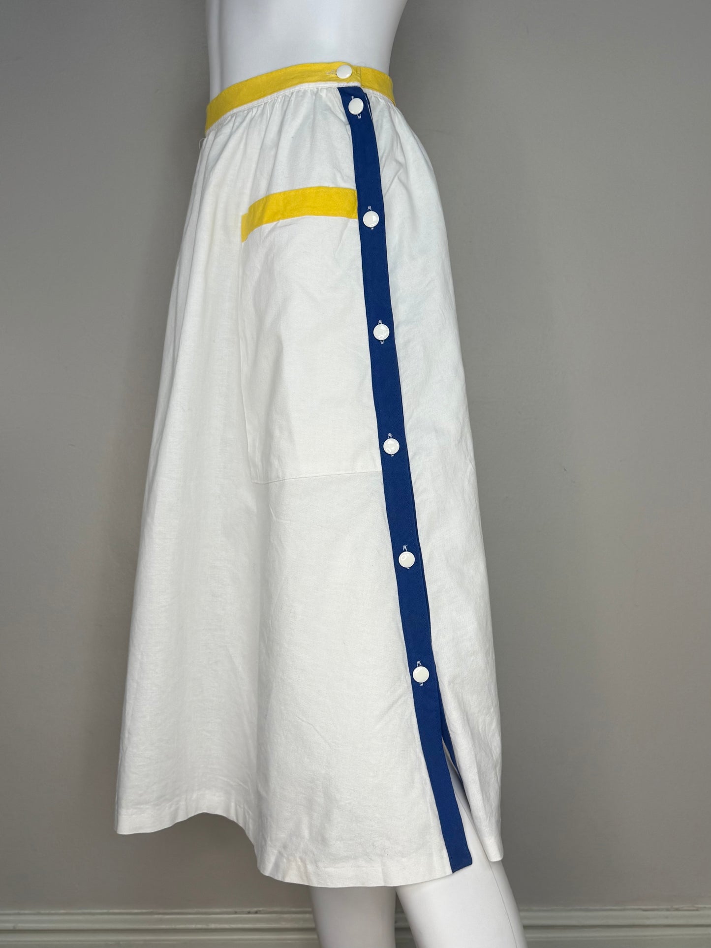 1980s White Side Button Midi Skirt with Primary Color Trim, Petri Sweden Size X-Small