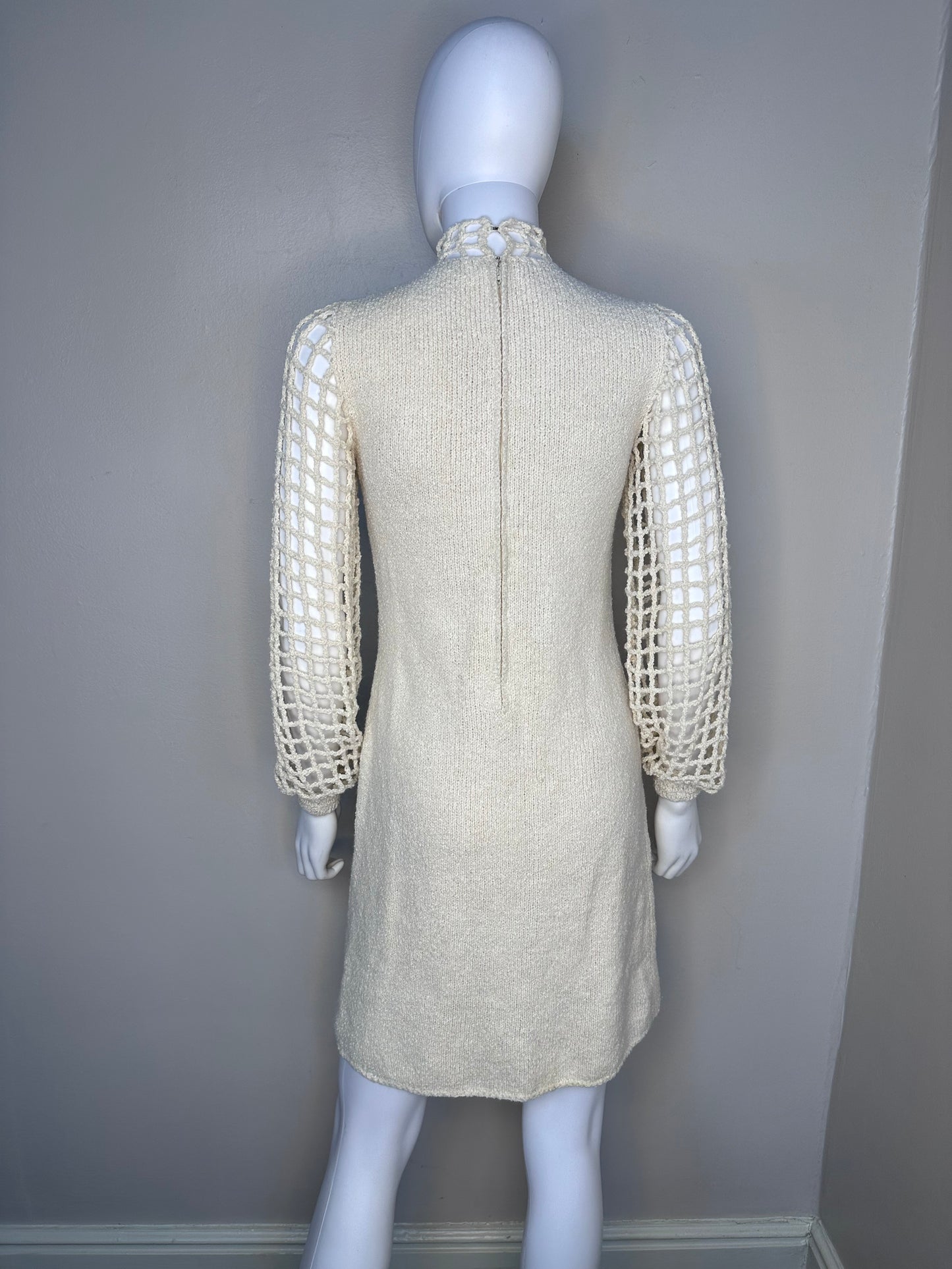 1960s St John Knits Cream Mini Dress, Size Small, High Neck, Open Net Long Sleeves