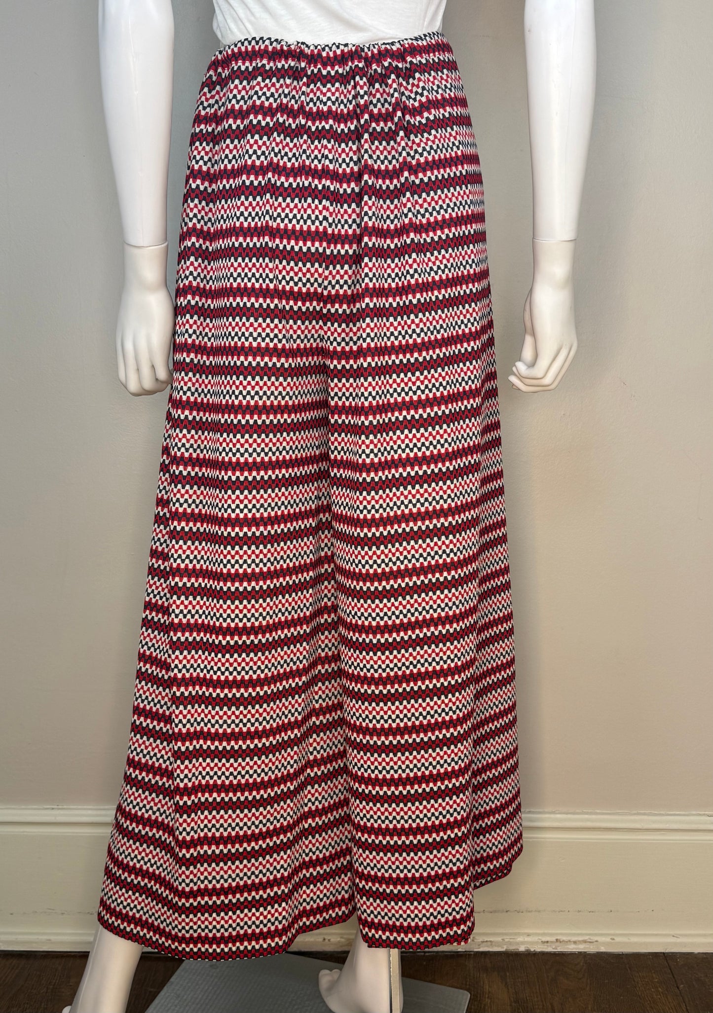 1970s Zig Zag Stripe Wrap Around Palazzo Pants, Handmade Size XS-Medium, Red White and Navy Blue