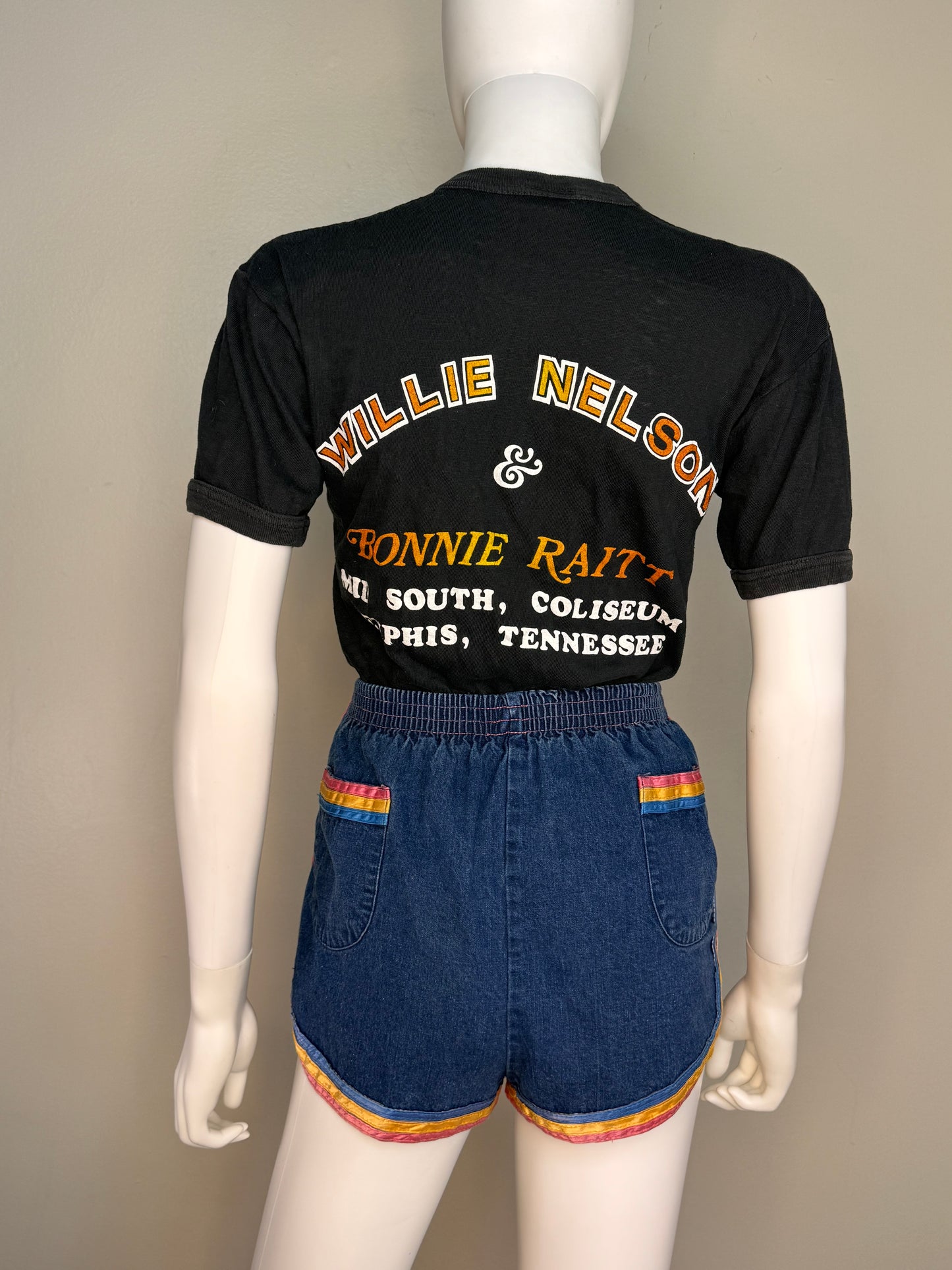 1970s High Waisted Denim Shorts with Rainbow Ribbon Trim, Happy Legs Size XS