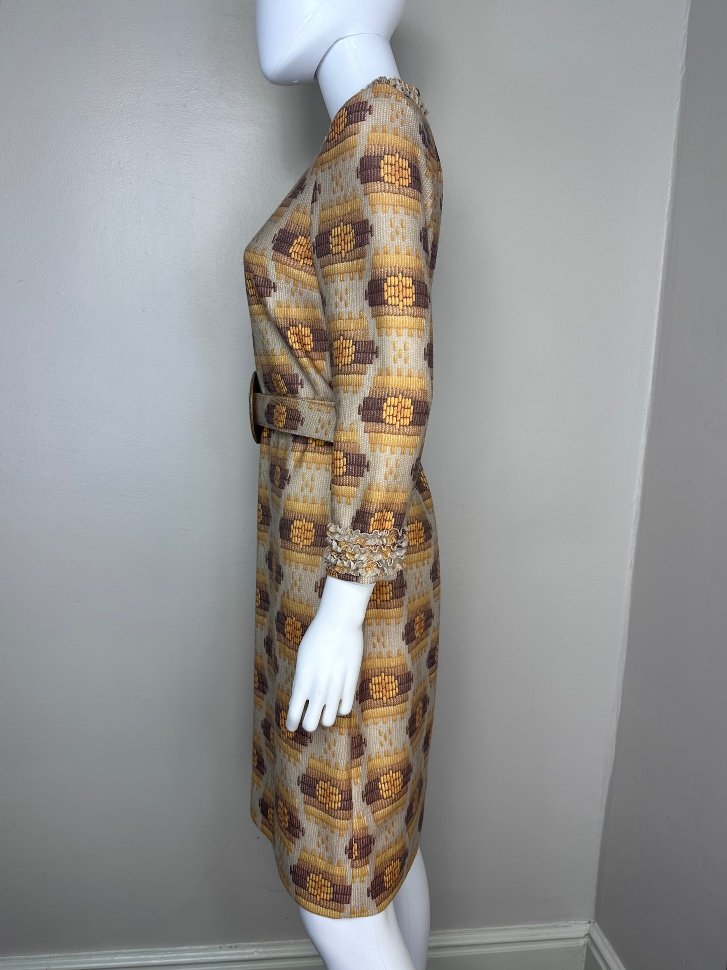 1970s Geometric Print Dress with Wide Belt, Size Medium, Yellow and Brown