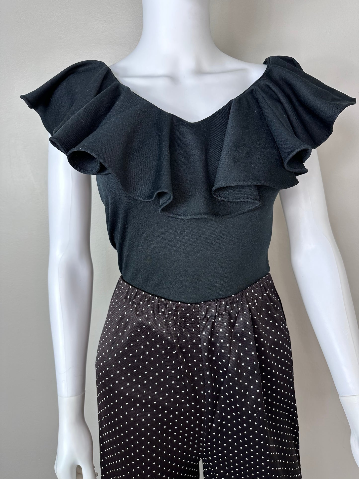 1970s Black Ruffle Neck Sleeveless Top, Size Medium