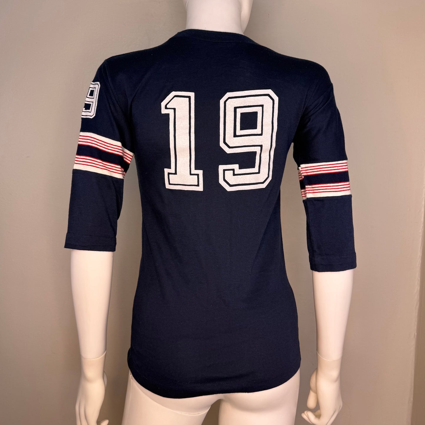 1960s/70s Navy Blue Jersey T-Shirt, Number 19, Never Iron by Campus Size Youth Large/Adult XS