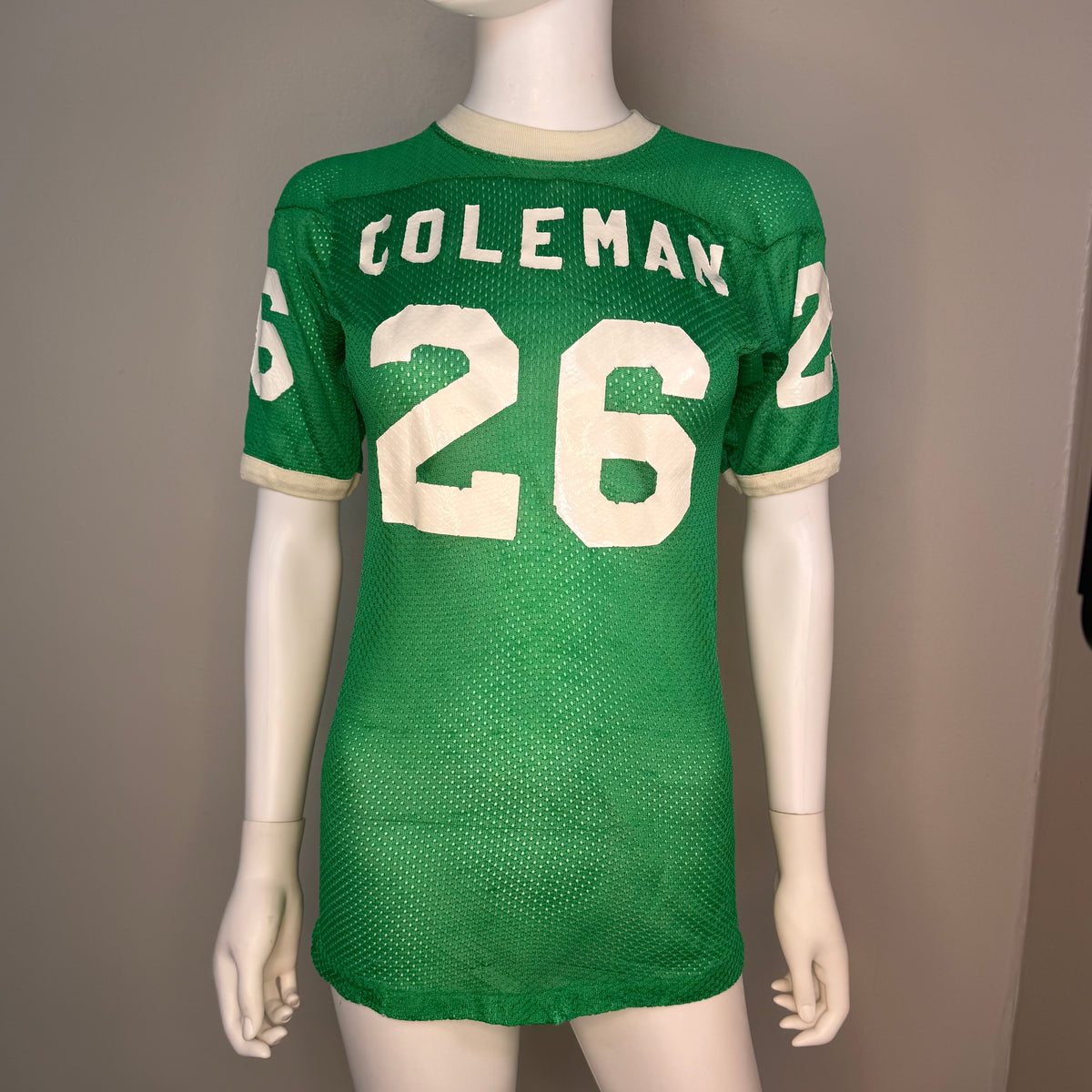 1970s Kids' Green Mesh Jersey T-Shirt, Coleman No 26, Youth Medium/Adult XS