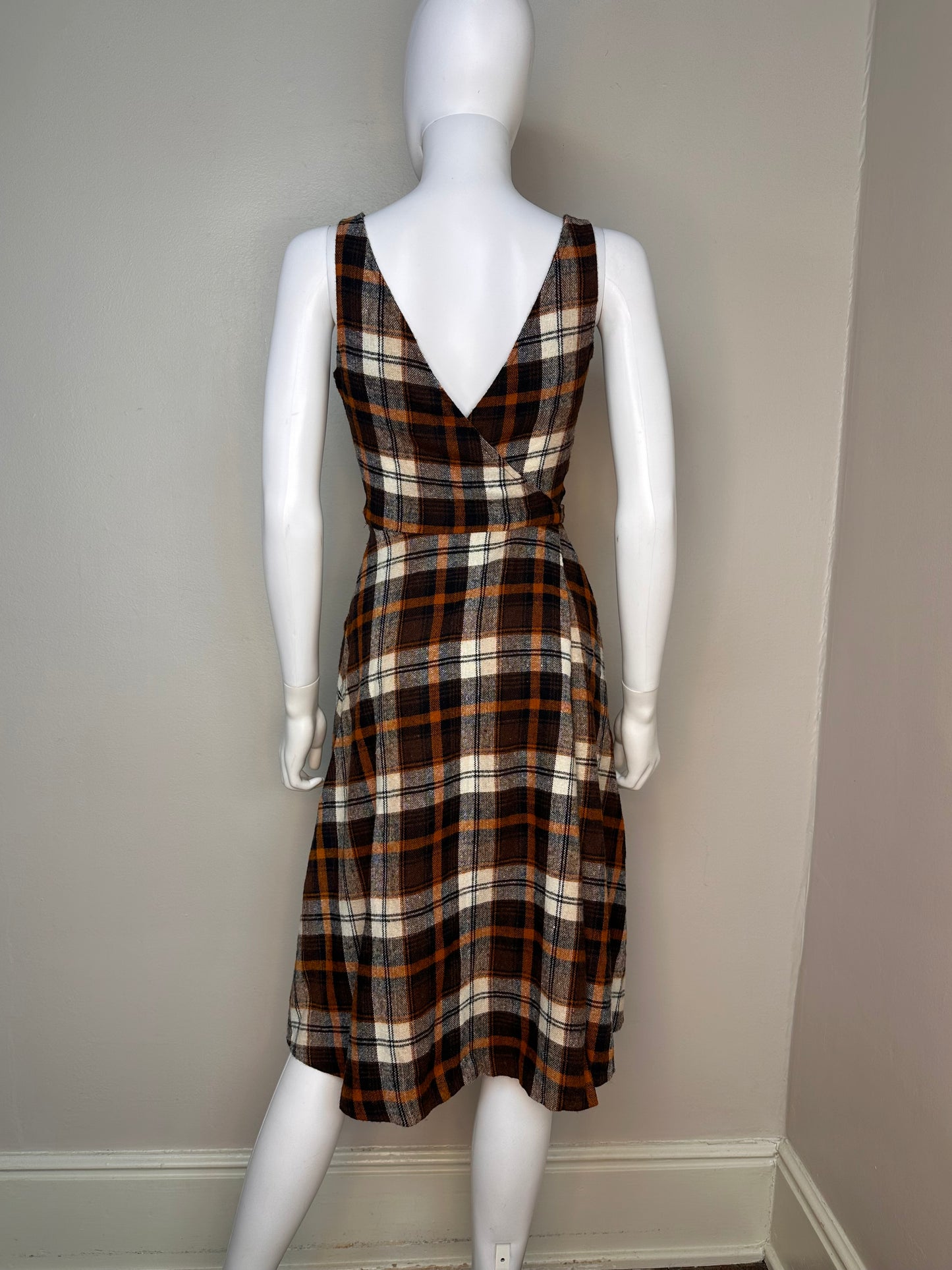 1970s Brown Plaid Sleeveless Wrap Dress, Terri Juniors California, Jumper