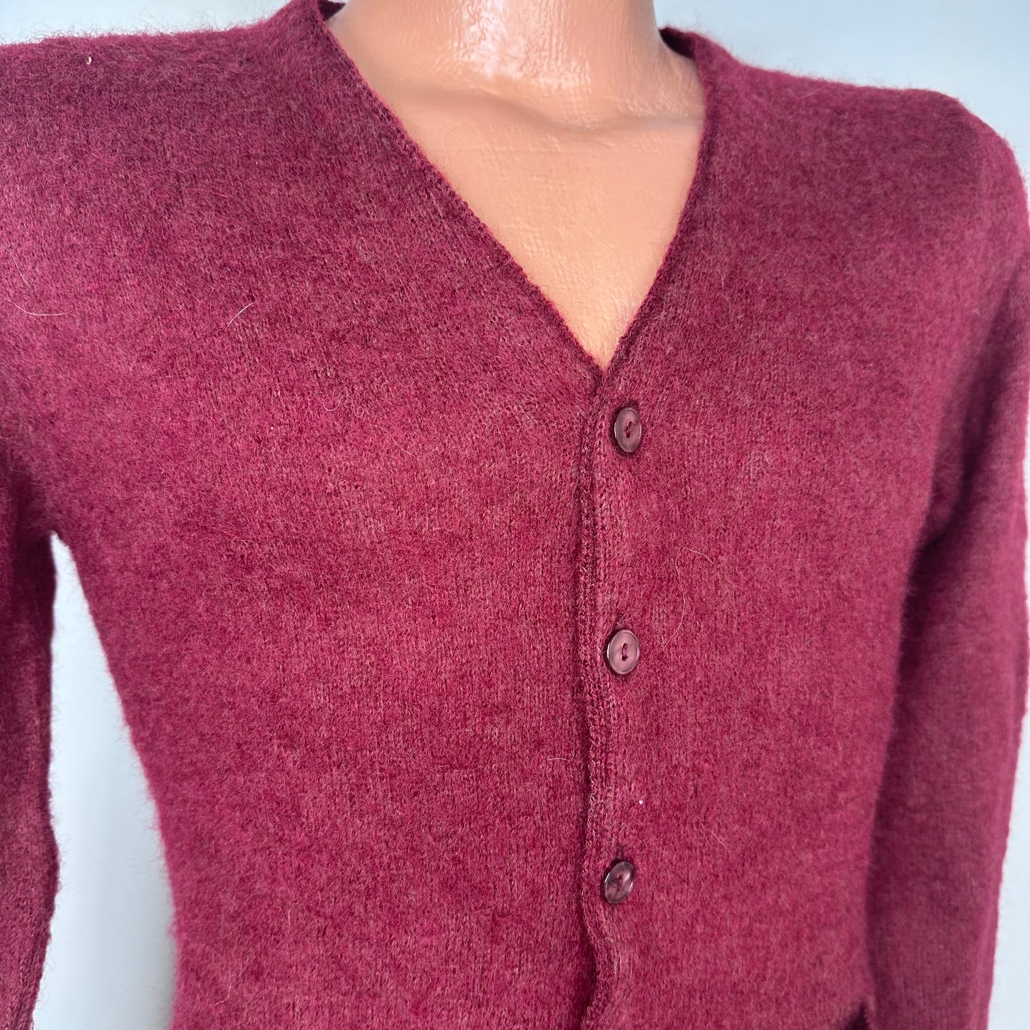 1960s Maroon Fuzzy Mohair Cardigan Sweater, Amcrest Size Small