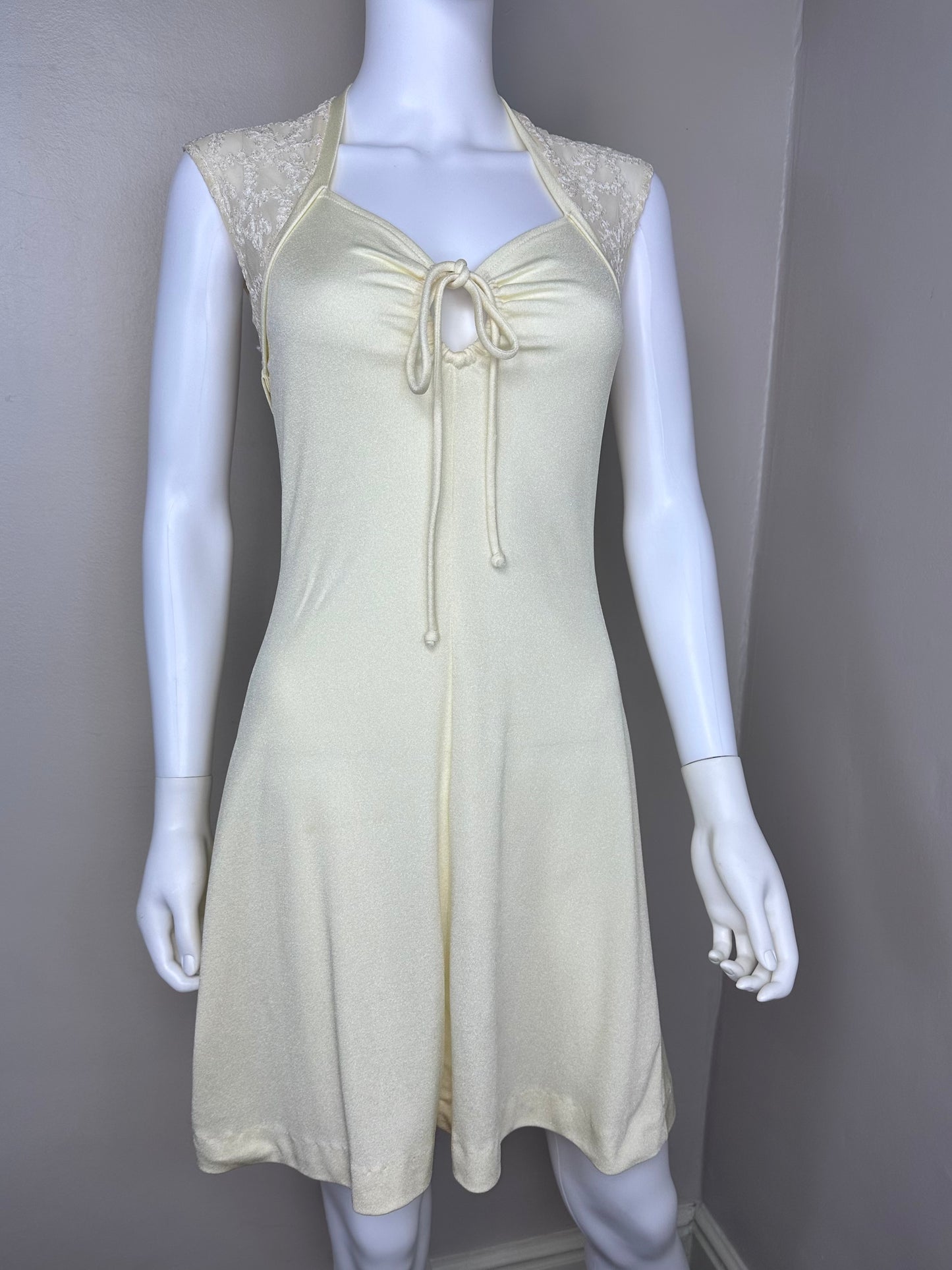 1970s Cream Knit Mini Dress with Sheer Lace Back, Size XS