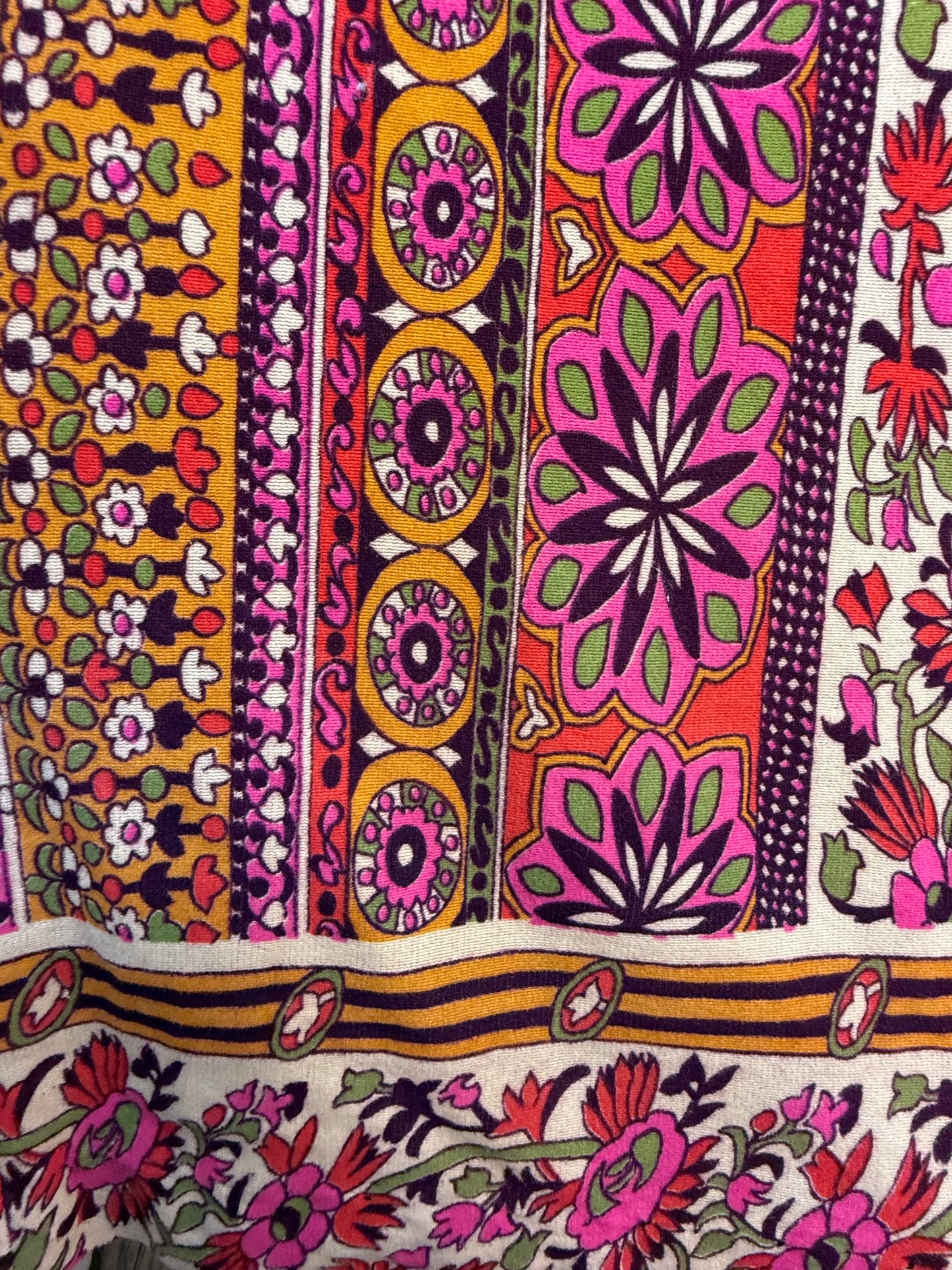 1970s Psychedelic Floral Stripe Maxi Dress, Border Print, Size Small