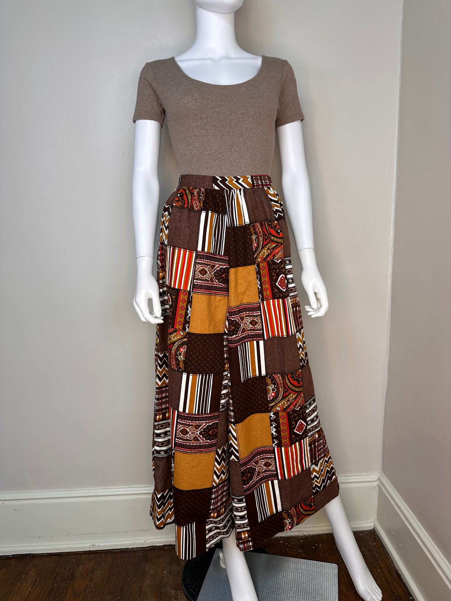 1970s Brown Patchwork Print Palazzo Pants, Handmade Size XXS, Full Wide Leg