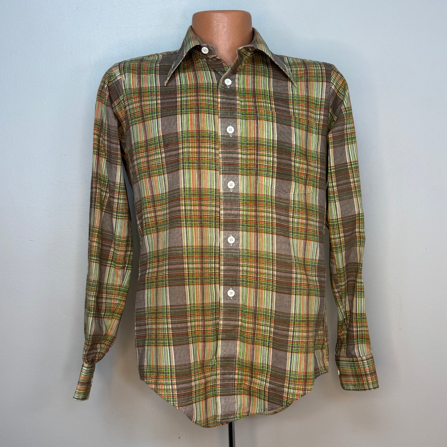 1970s Brown Plaid Long Sleeve Shirt, Size Small