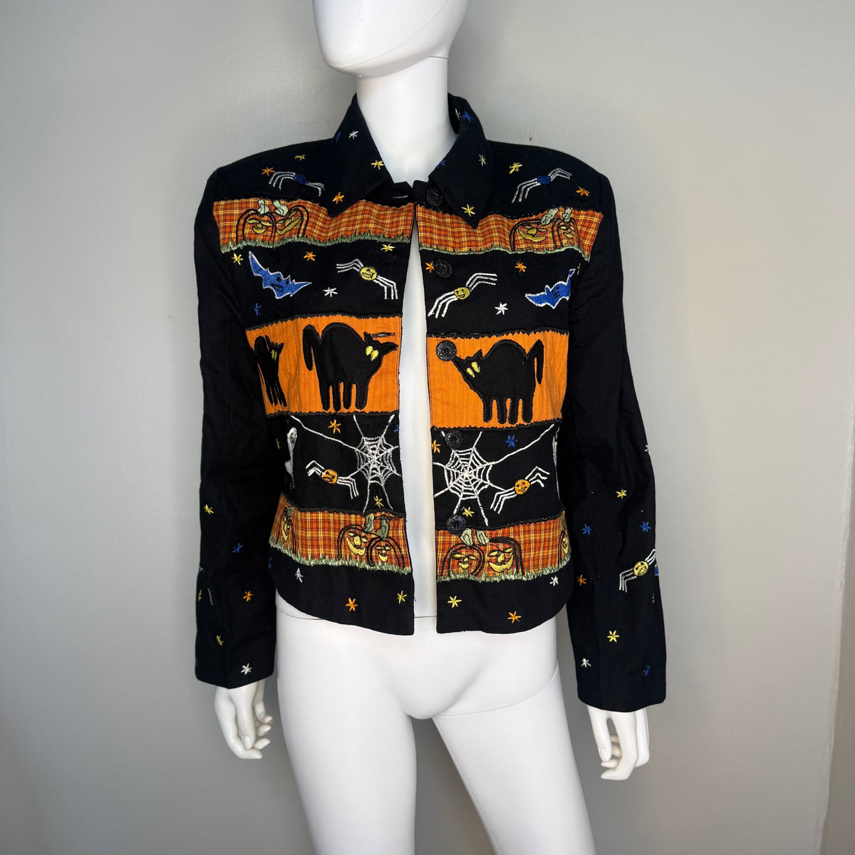 1990s Halloween Applique Jacket, Tunique Size Medium, Black Cats Spiders Ghosts Jack-o-lanterns