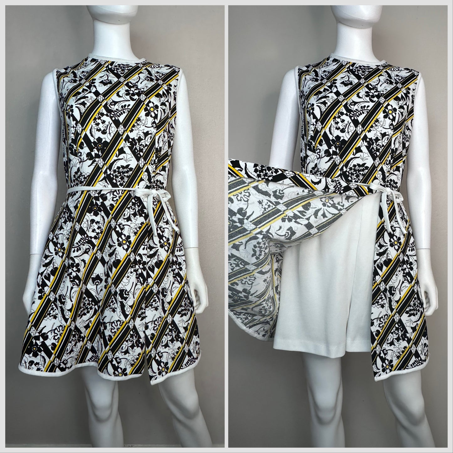 1970s Geometric Floral Sleeveless Skort, Size Medium, Black White Yellow Romper Dress