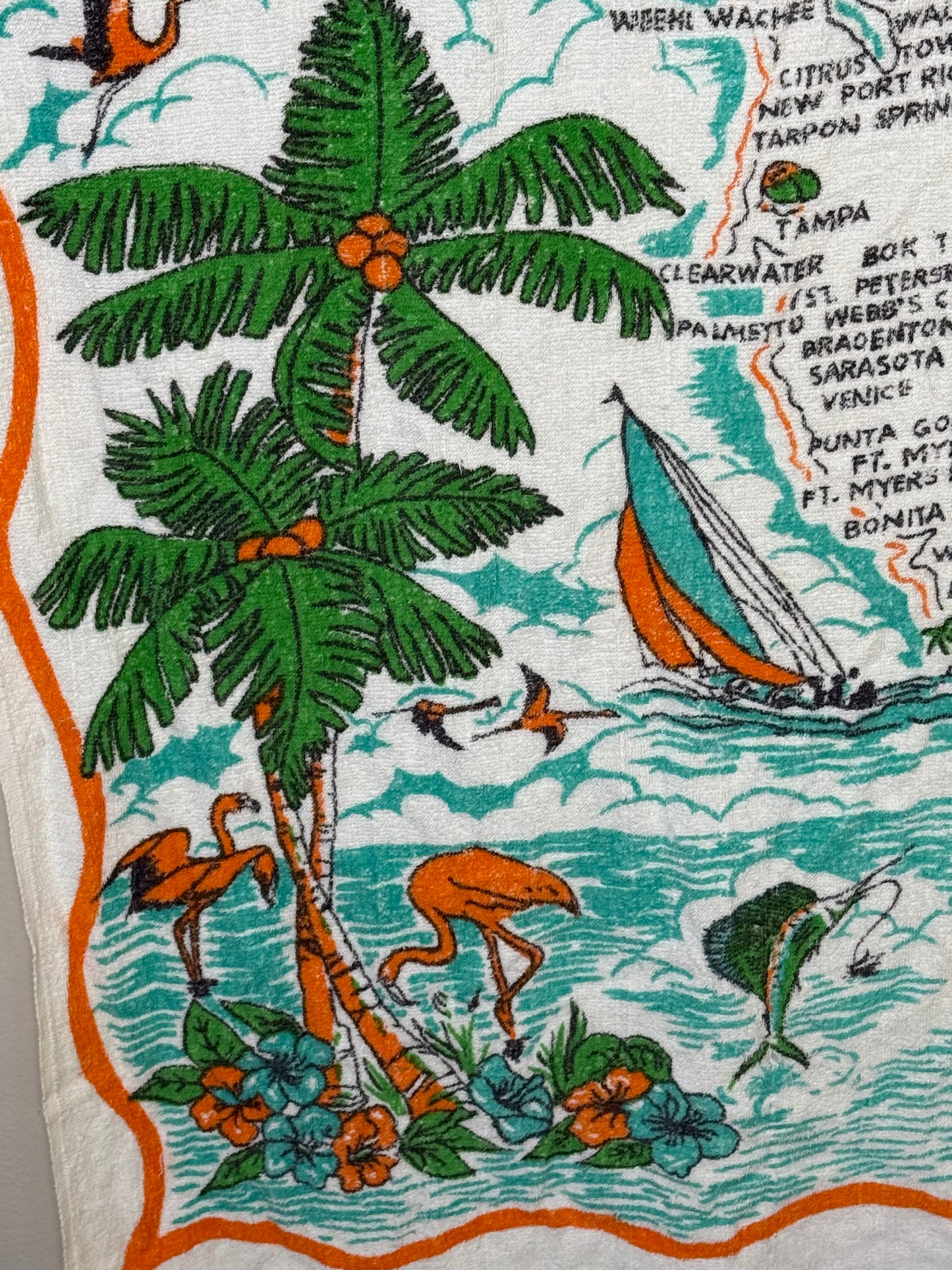 1970s Florida Beach Towel, Pool, Fun N Sun, Designed by Elaine, Goldfarb Fischer Novelty, State Map