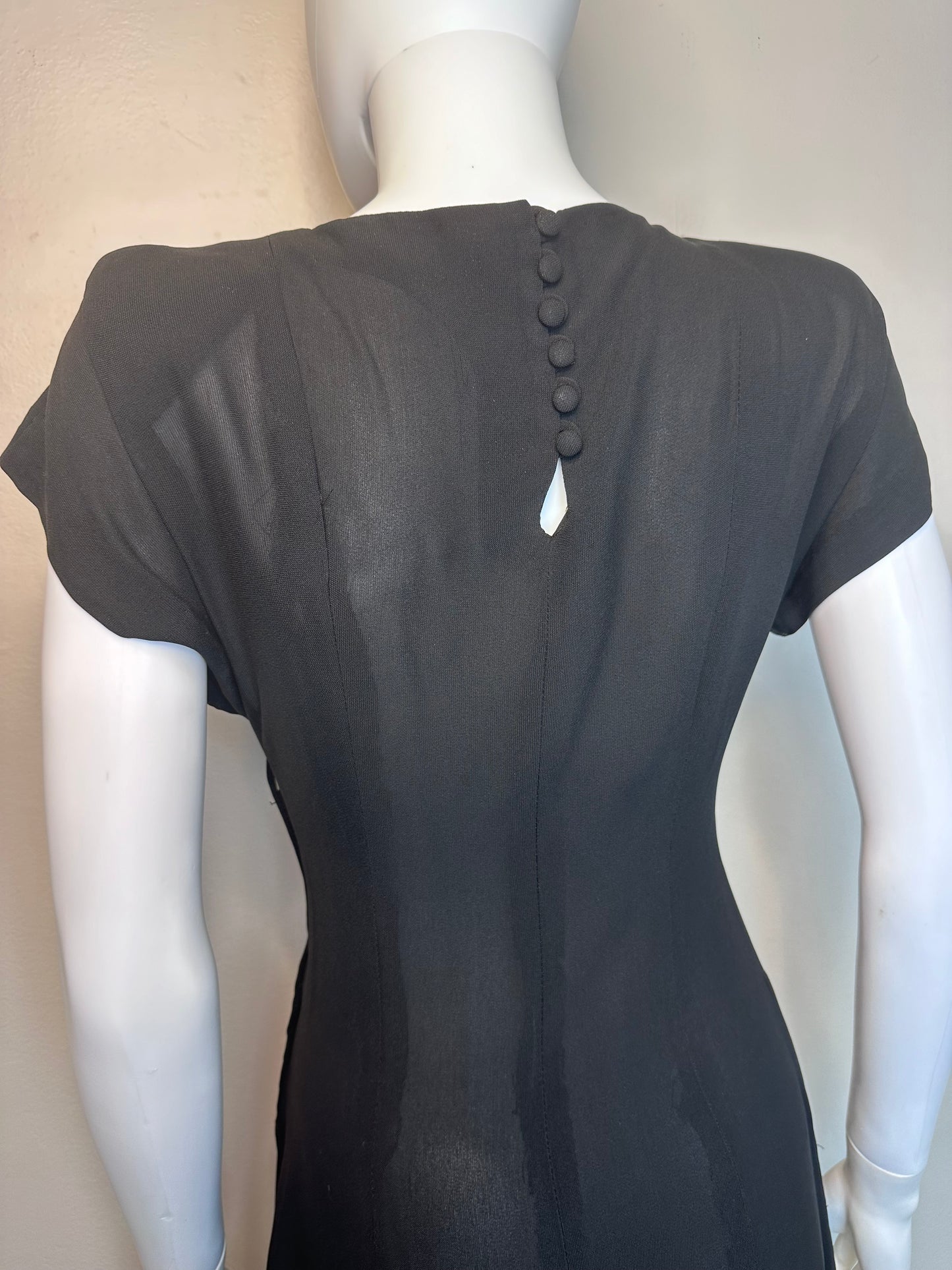 1940s Black Asymmetrical Dress with Lace, Size XS, Flames