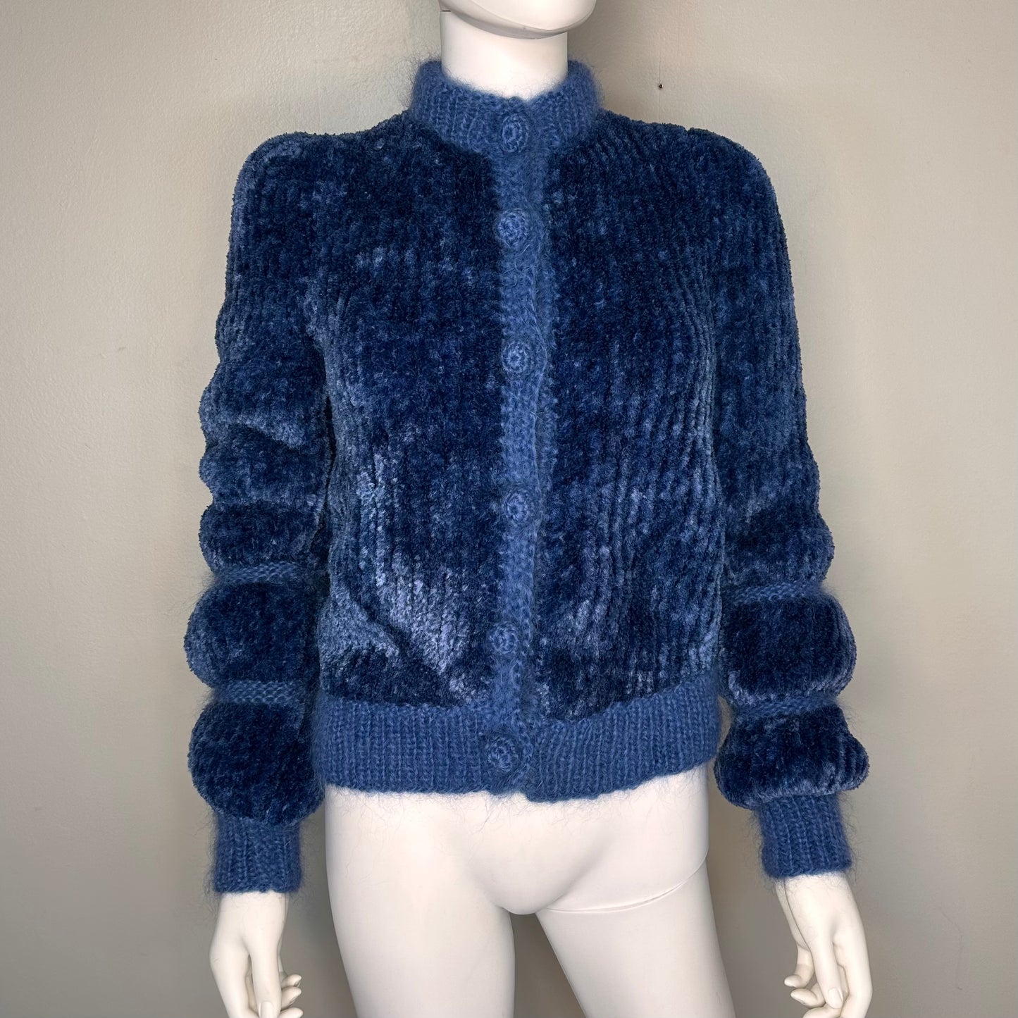 1970s Blue Chenille Hand Knitted Cardigan Sweater, Size Small, Cool Sleeves!