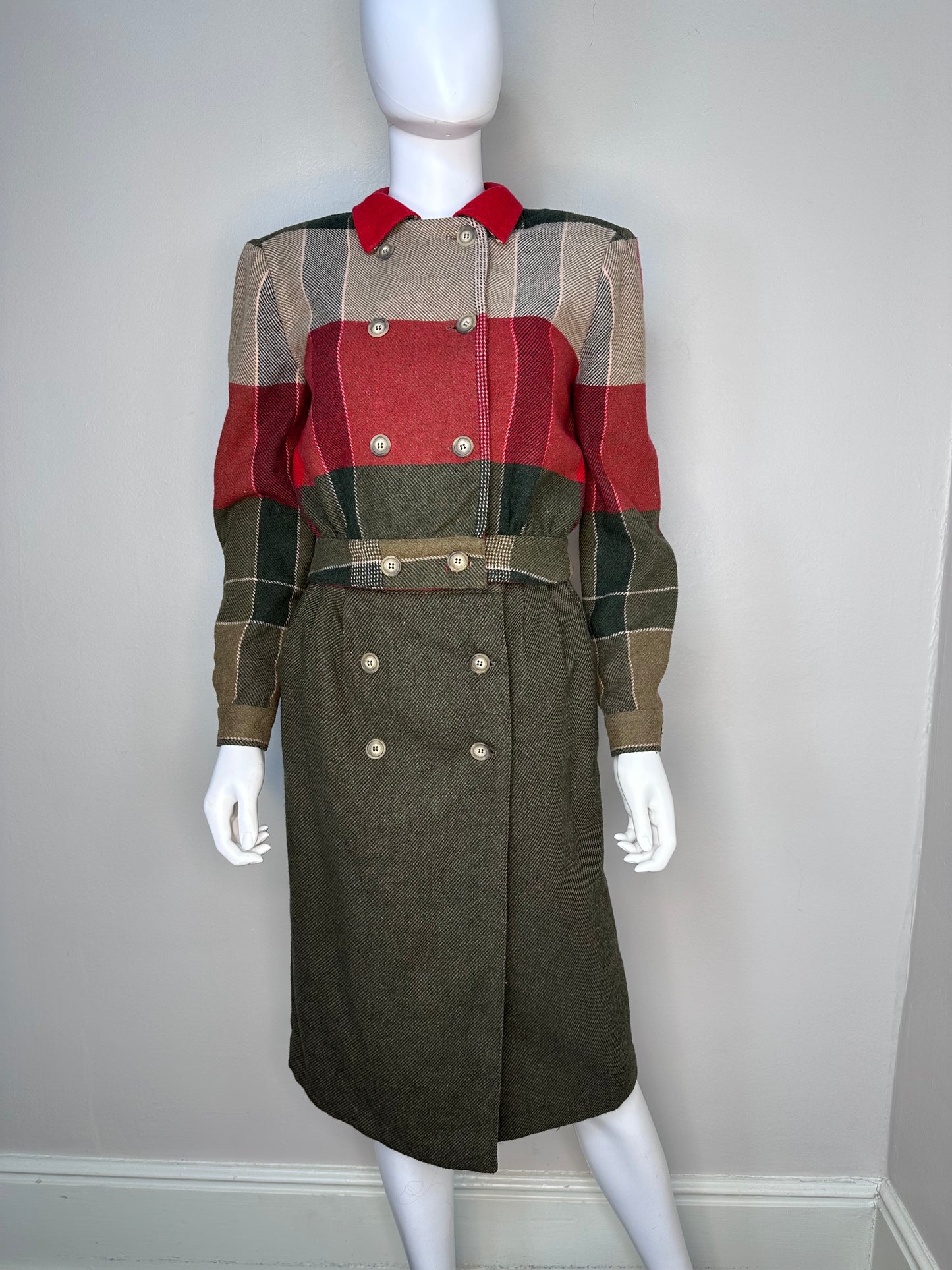 1970s Suit, Red and Olive Green Plaid Jacket and Wrap Skirt, The Strawberry Plant by Dorothy Schoelen Size XS