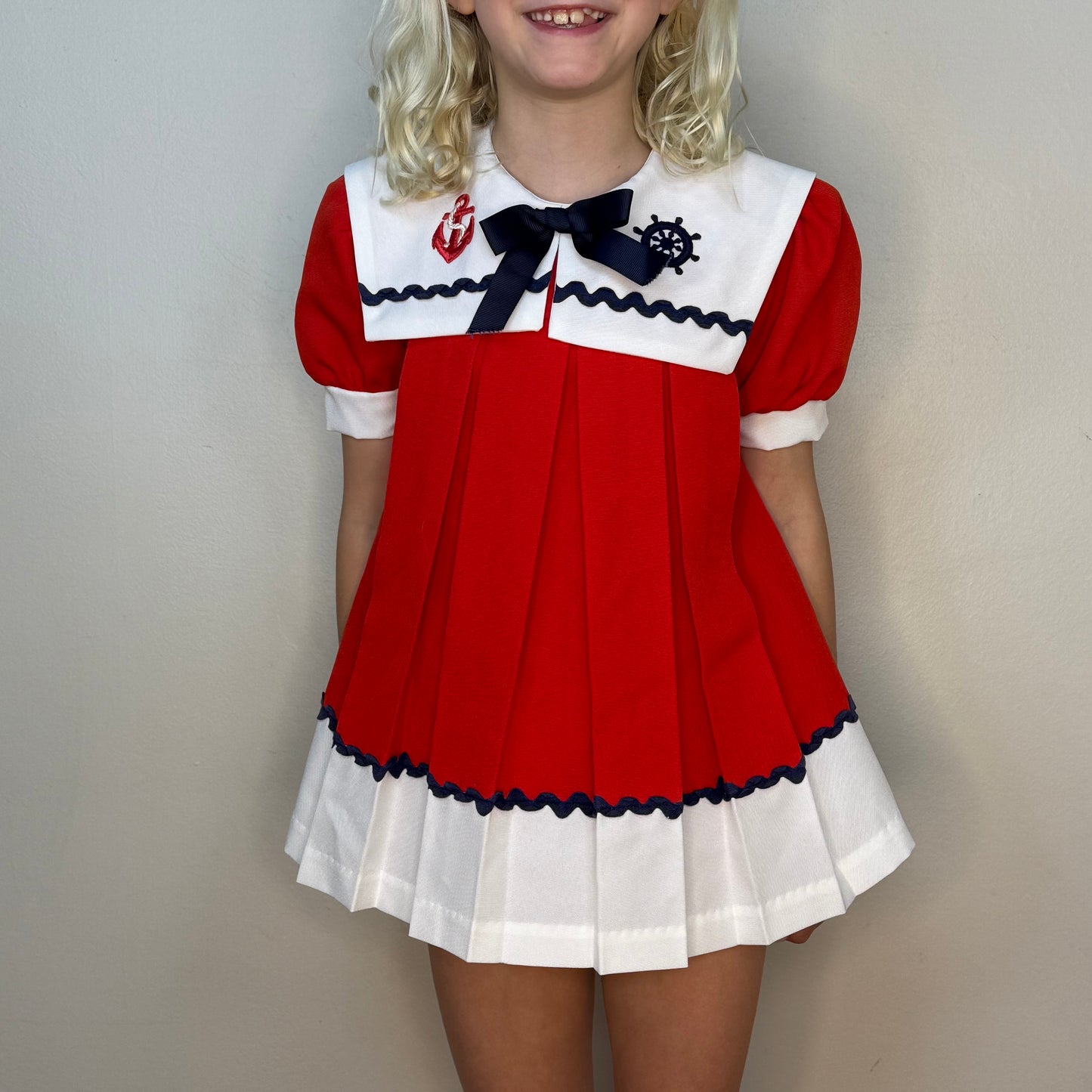 1970s/80s Girls' Sailor Dress, Honeybee Sweet and Pretty Size 4, Red, Pleated