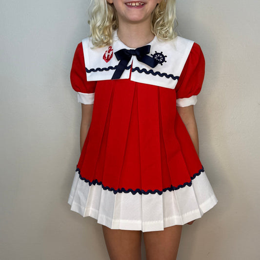 1970s/80s Girls' Sailor Dress, Honeybee Sweet and Pretty Size 4, Red, Pleated