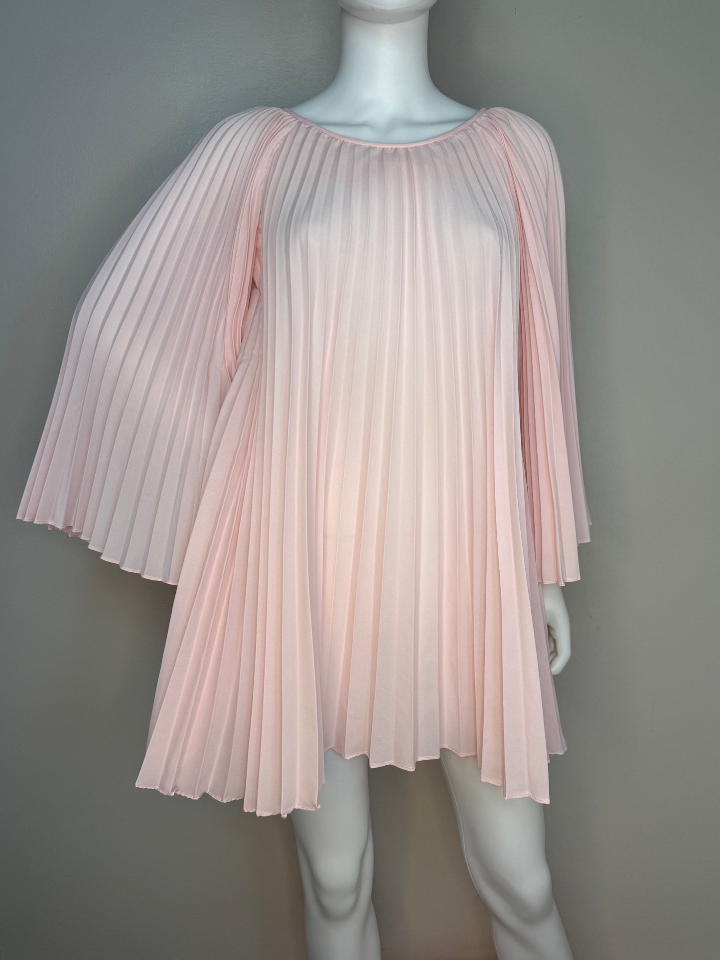 1960s Pastel Pink Pleated Mini Dress and Palazzo Pants Set, Bell Sleeves, Extra Wide Legs, Size XS-Small