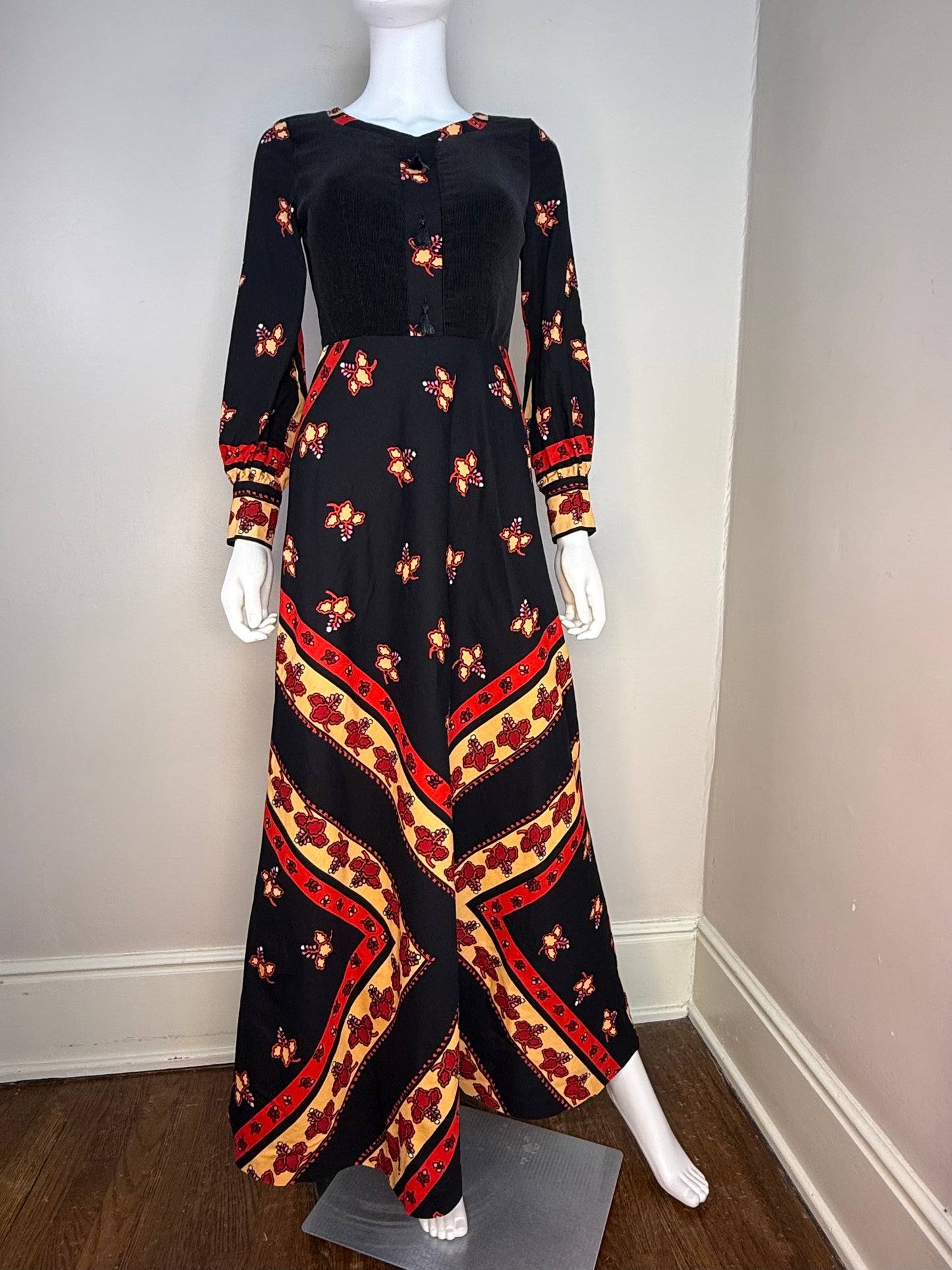 1970s Black Floral Cotton Long Sleeve Maxi Dress, Kaisu Heikkilä Oy Finland Size X-Small, Corduroy Bodice