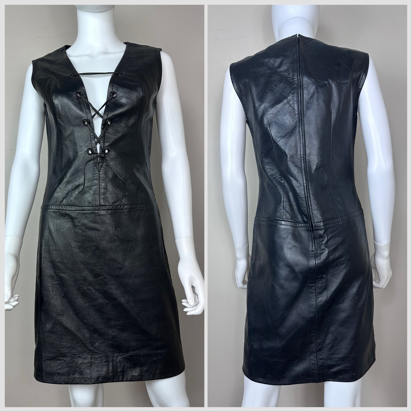 1960s Black Leather Mini Dress, Lace Up Plunging Neckline, Size Small