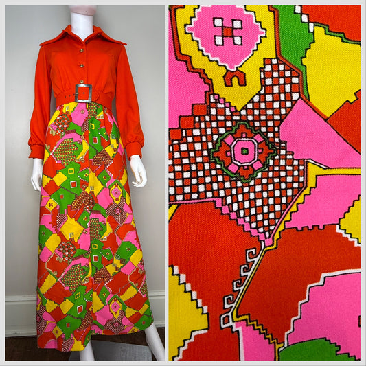 1970s Bright Psychedelic Print Maxi Dress, Orange Bodice, Junior Sixes Inc Size XS/S