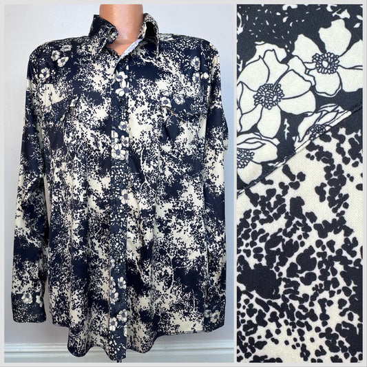 1970s Mixed Black and White Print Floral Western Shirt, DJ Dickson-Jenkins Size XL/XXL