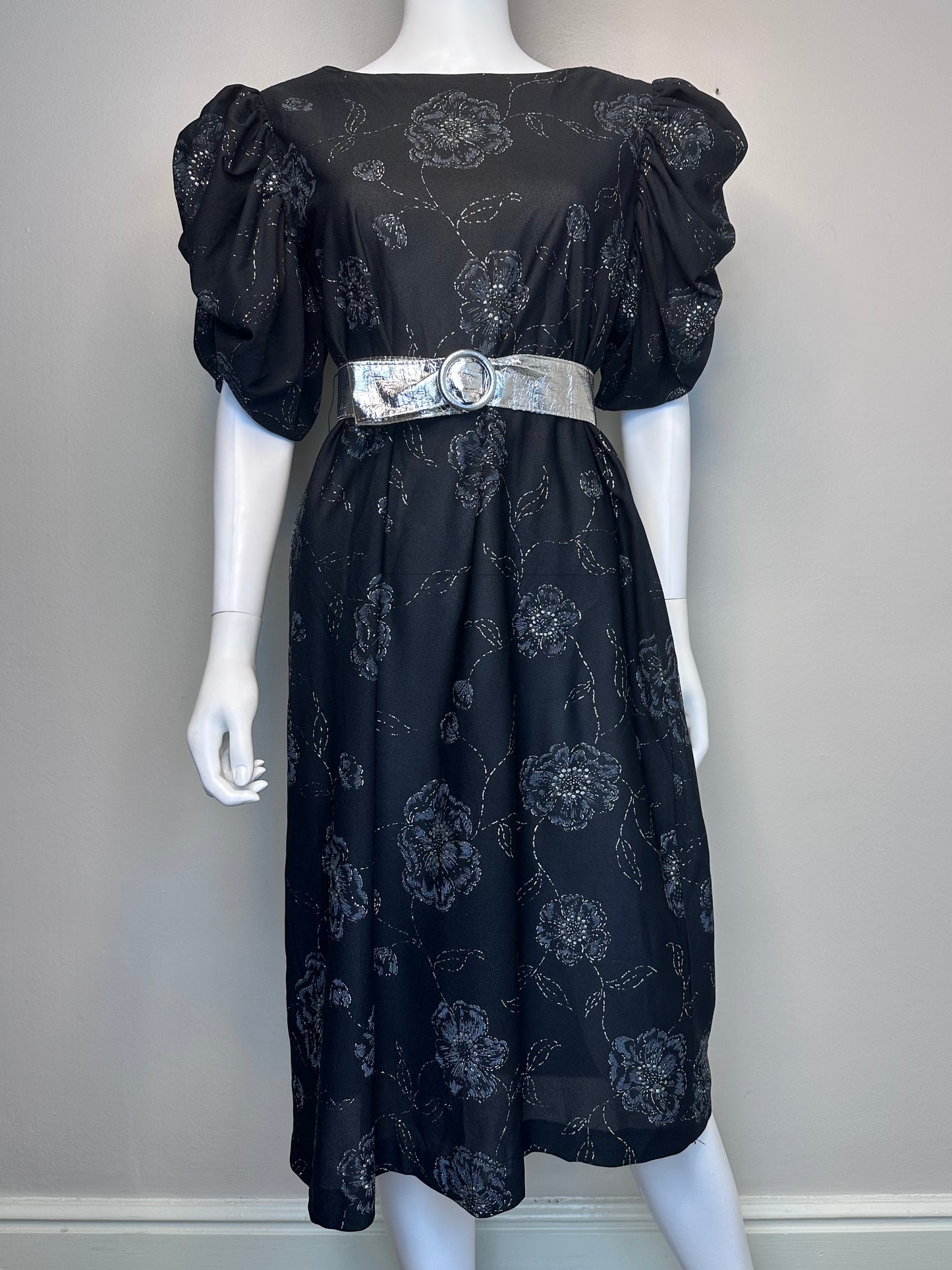 1980s Black Silver Sparkle Floral Dress, Size Large, Puffy Sleeves, Silver Belt