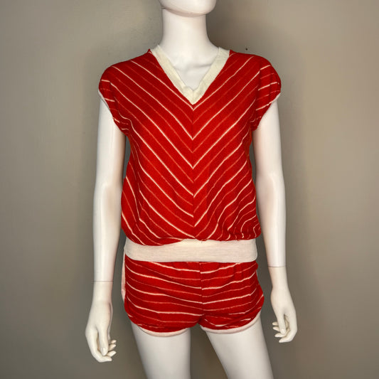 1970s Red and White Stripe Terrycloth Top and Shorts Set, Size Small